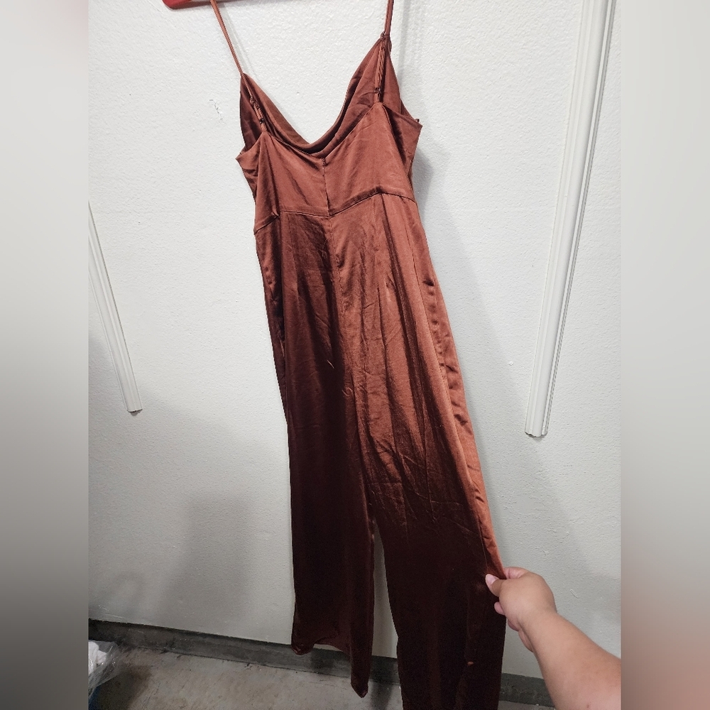 Lulus Perfect Night Brown Satin Cowl Neck Culotte Jumpsuit S Wedding Party - Picture 11 of 12